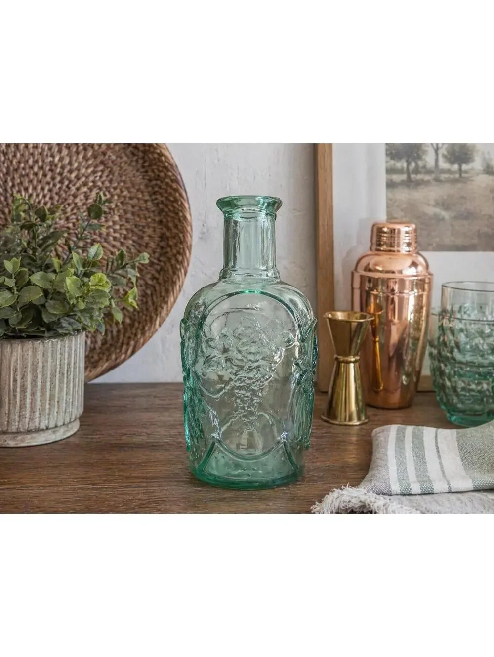 Vintage Libbey Canada Green Glass Decanter Vase w/Orchard Fruit Design